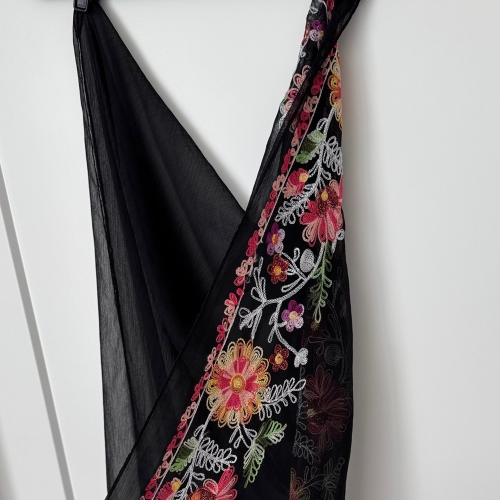 Black Sheer Floral Embroidered Scarf - Picture 3 of 6